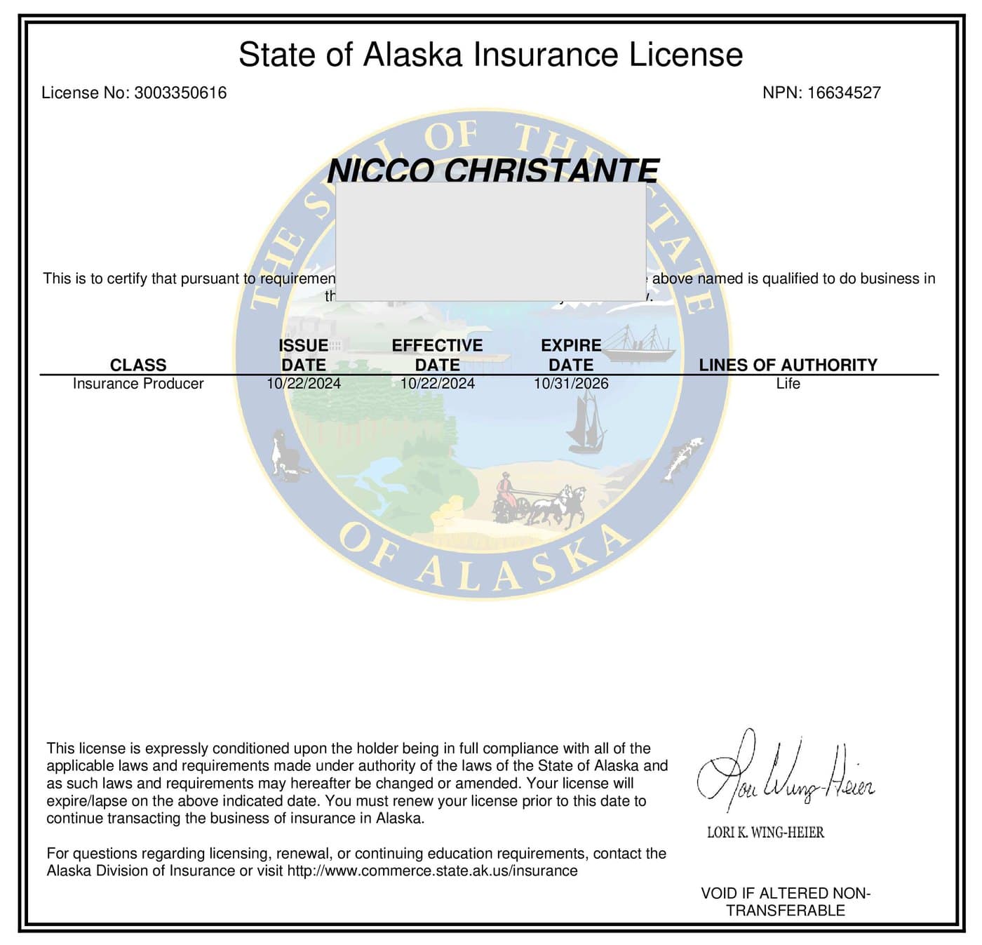 Alaska insurance producer license issued to Nicco Christante