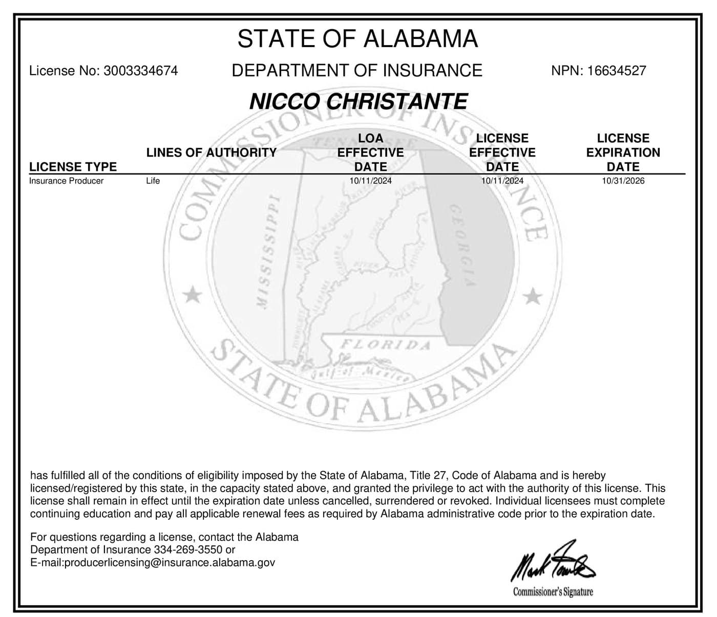 Alabama insurance producer license issued to Nicco Christante