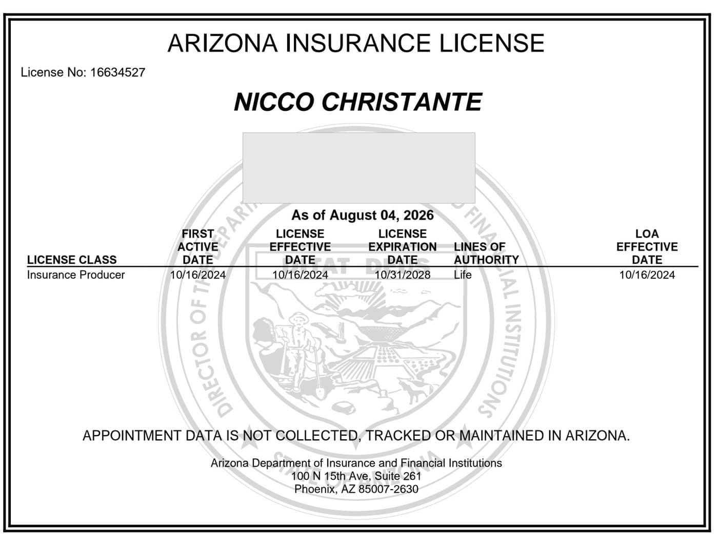 Arizona insurance producer license issued to Nicco Christante