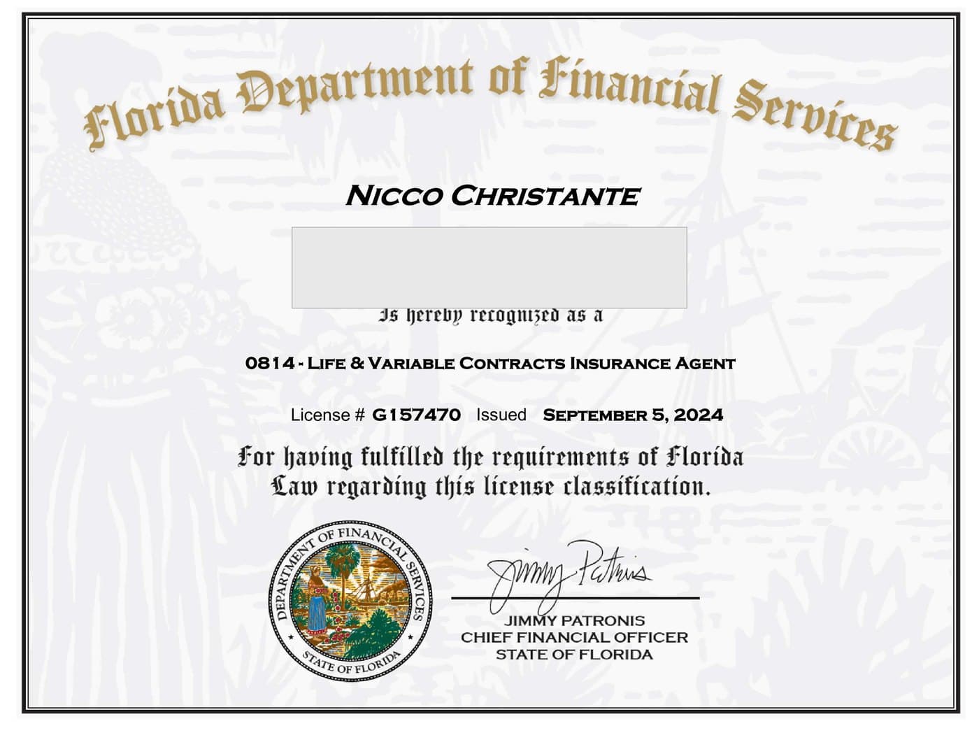Florida insurance producer license issued to Nicco Christante