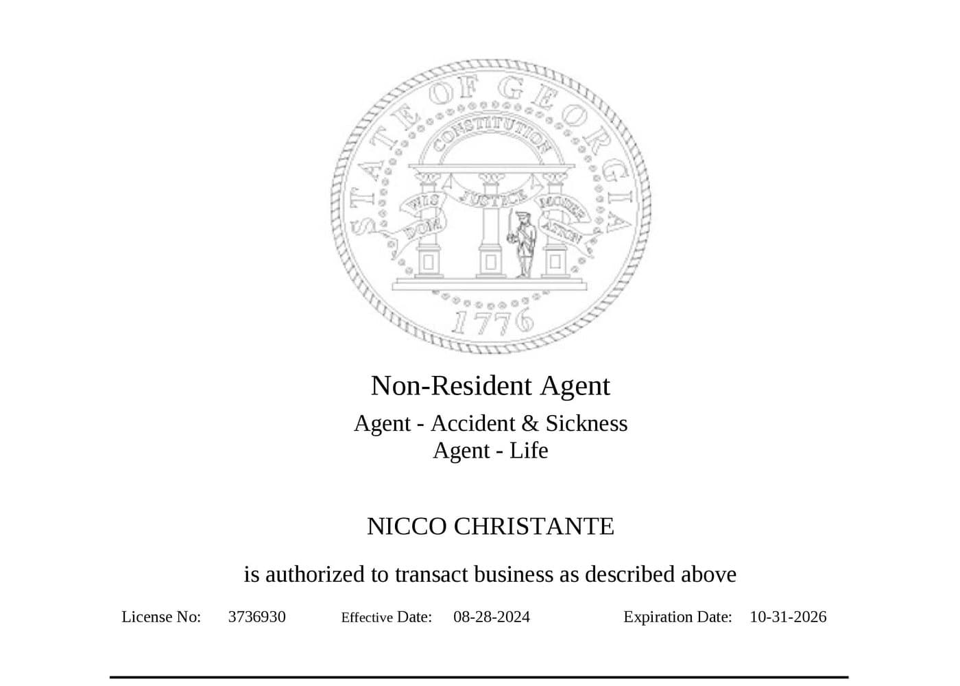 Georgia insurance producer license issued to Nicco Christante