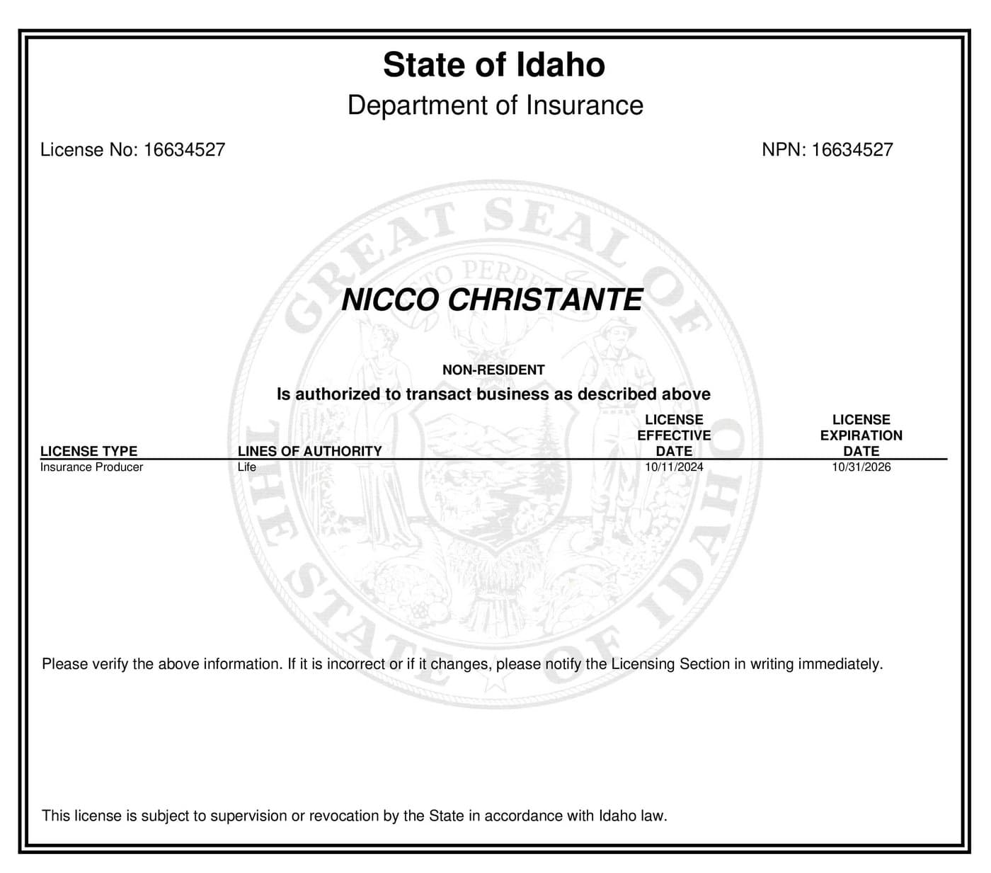 Idaho insurance producer license issued to Nicco Christante