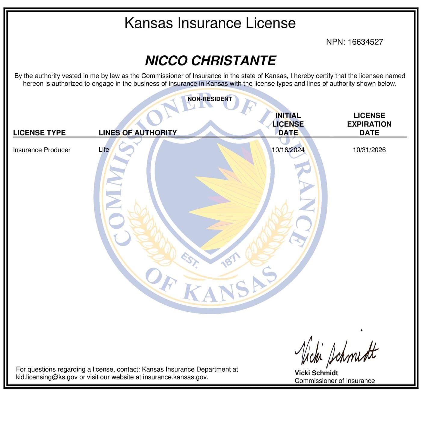 Kansas insurance producer license issued to Nicco Christante