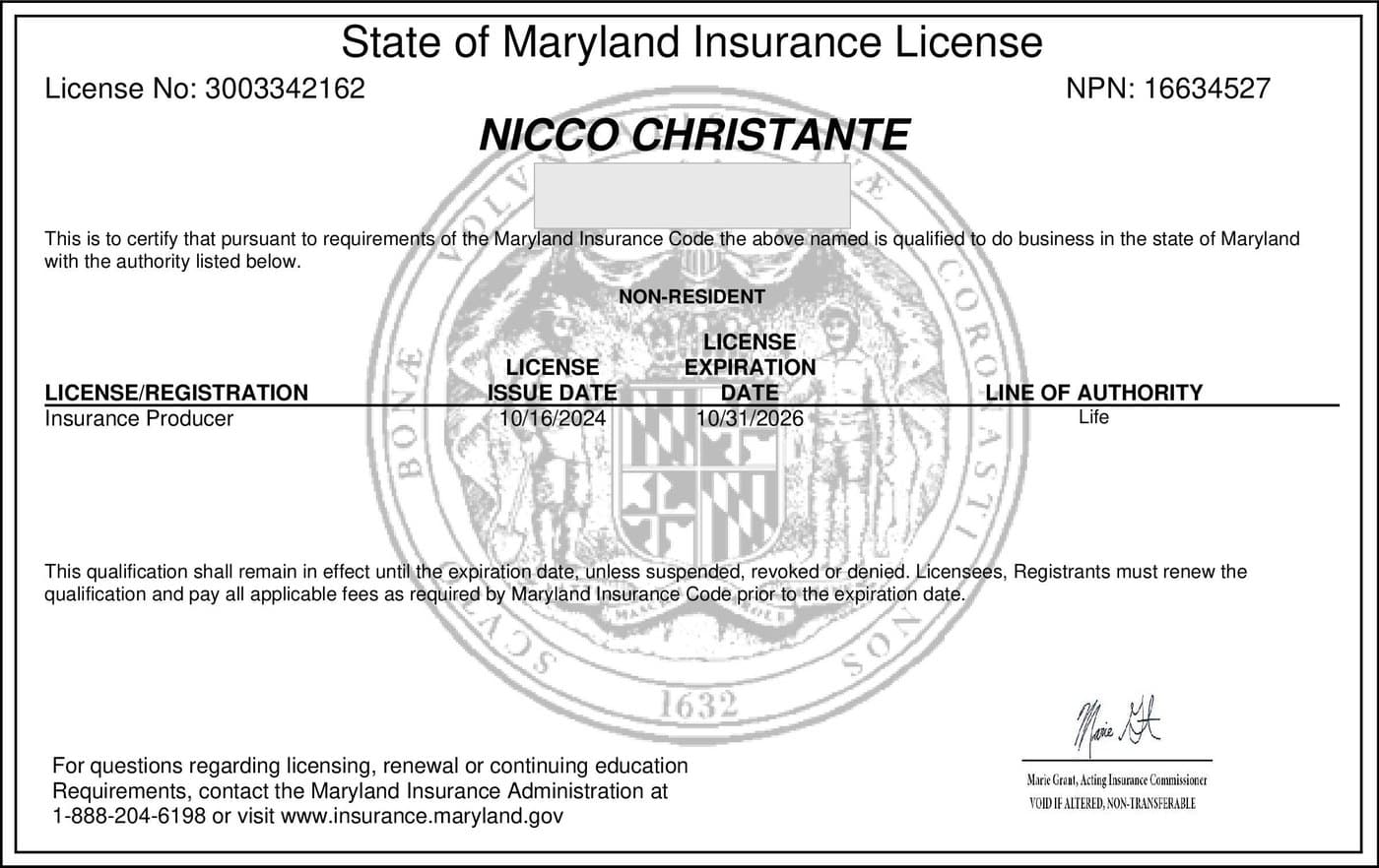 Maryland insurance producer license issued to Nicco Christante