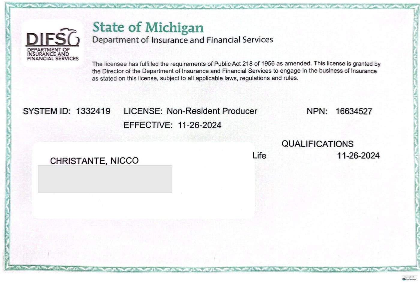 Michigan insurance producer license issued to Nicco Christante