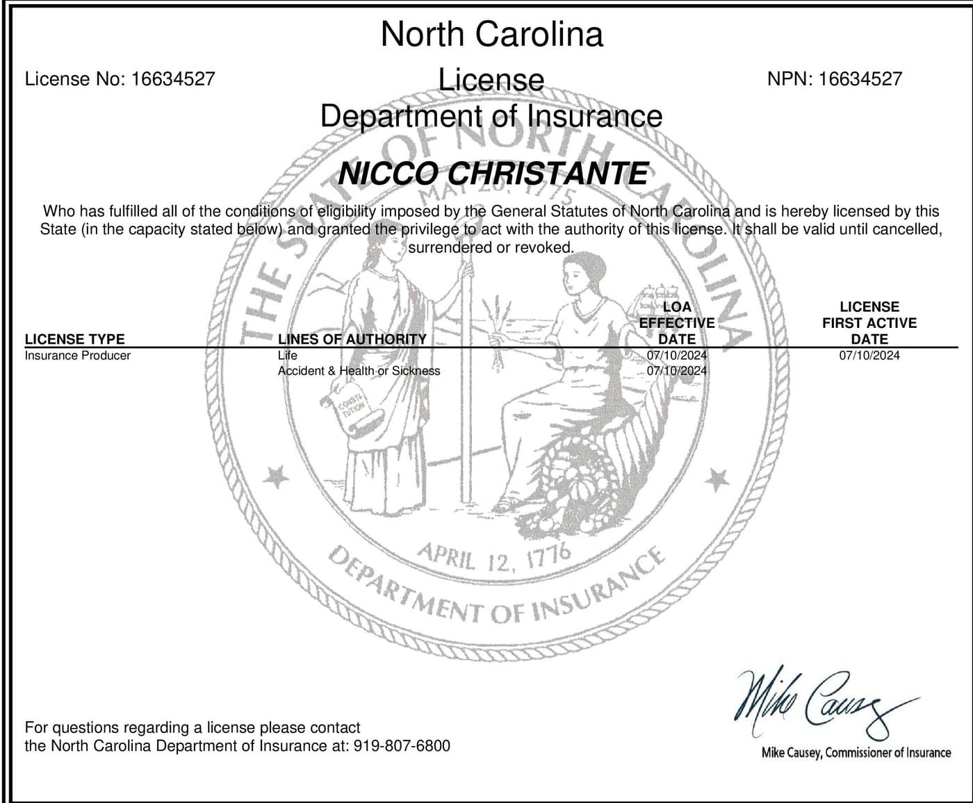 North Carolina insurance producer license issued to Nicco Christante