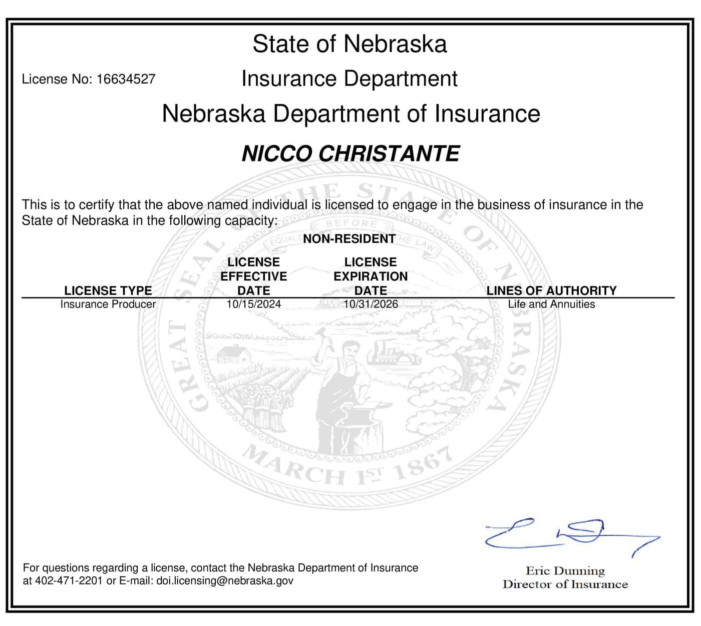 Nebraska insurance producer license issued to Nicco Christante