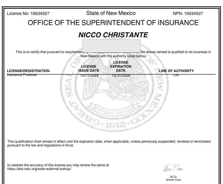 New Mexico insurance producer license issued to Nicco Christante