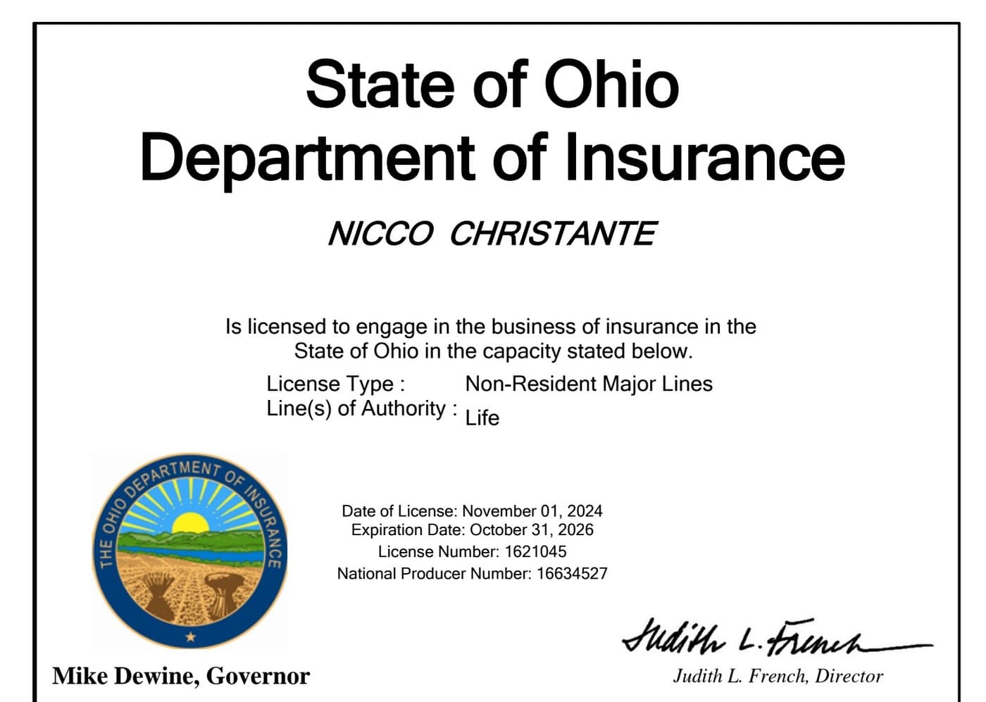 Ohio insurance producer license issued to Nicco Christante