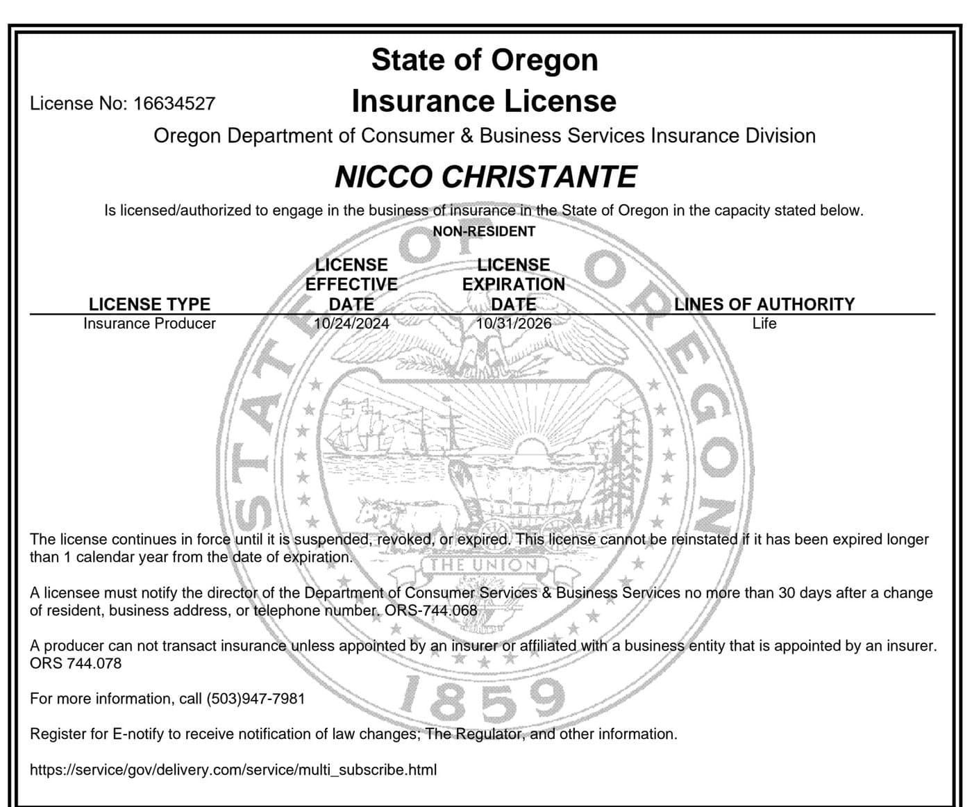 Oregon insurance producer license issued to Nicco Christante