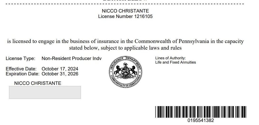 Pennsylvania insurance producer license issued to Nicco Christante