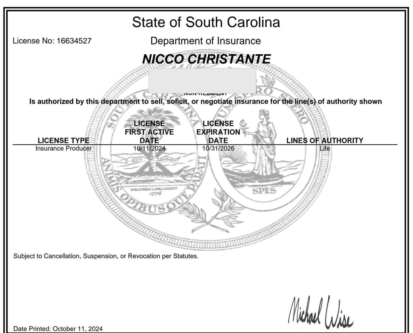 South Carolina insurance producer license issued to Nicco Christante
