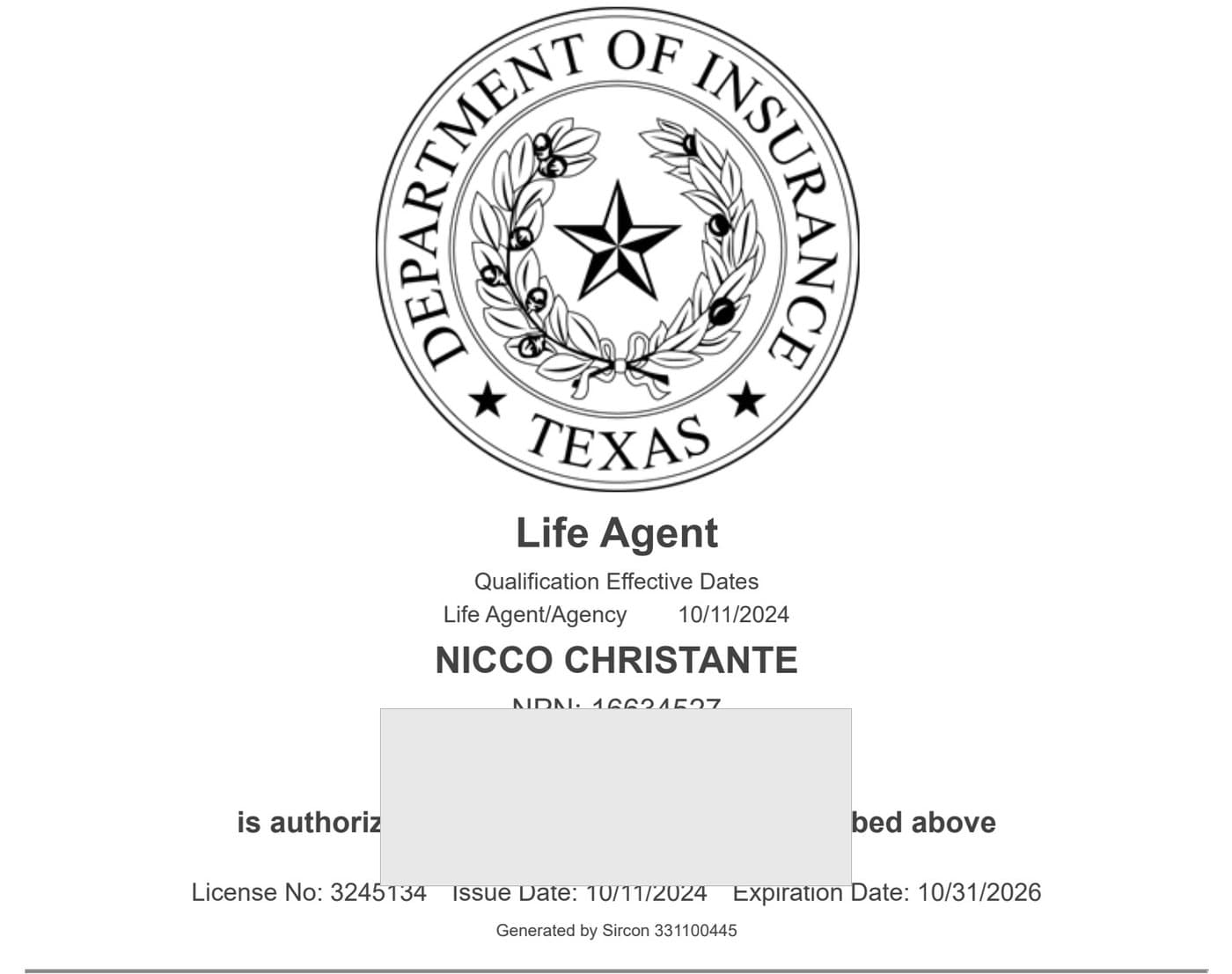 Texas insurance producer license issued to Nicco Christante