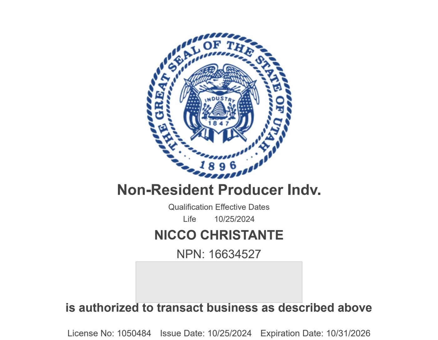 Utah insurance producer license issued to Nicco Christante