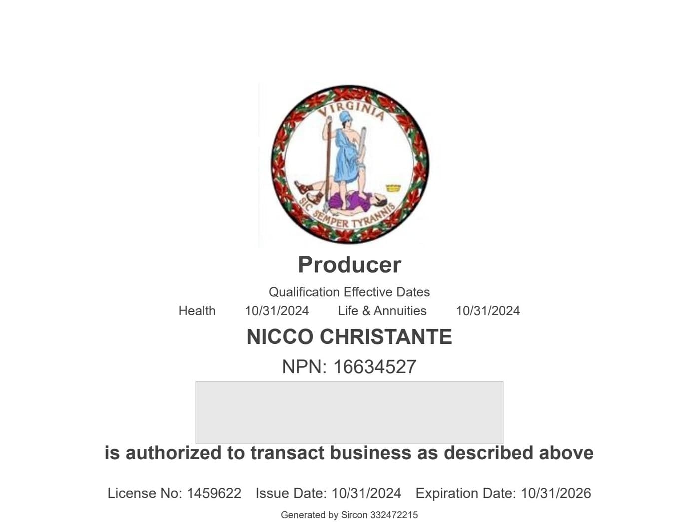 Virginia insurance producer license issued to Nicco Christante