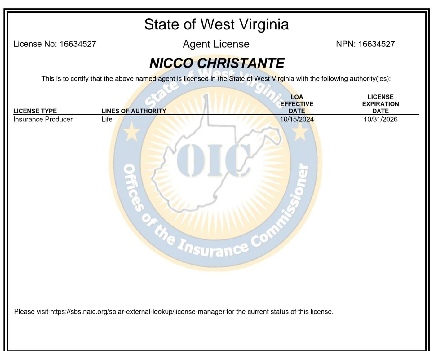 West Virginia insurance producer license issued to Nicco Christante